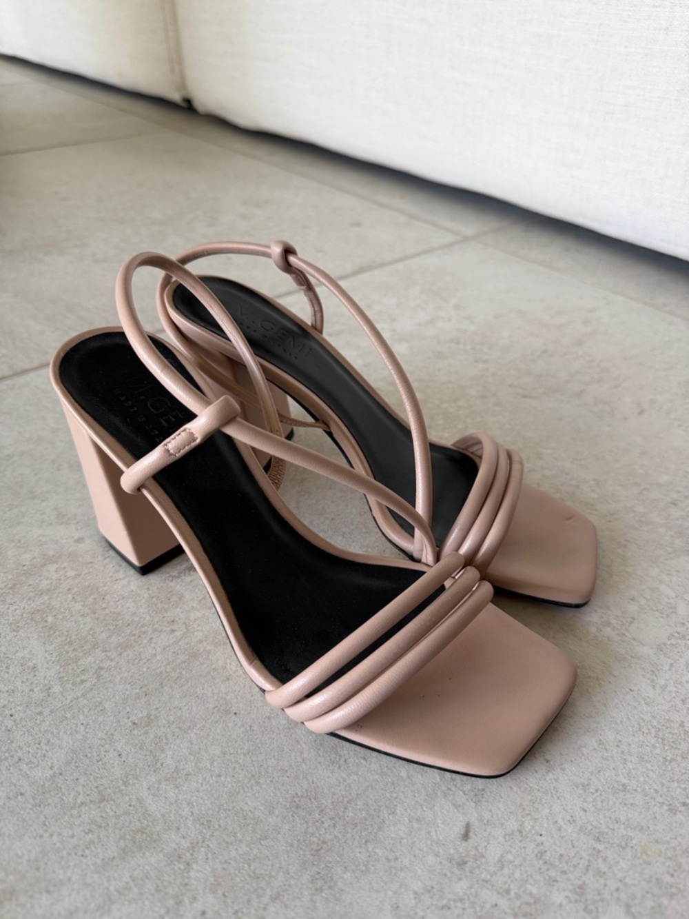 Strappy Square-Toe Block Heel Sandals in Blush Nude